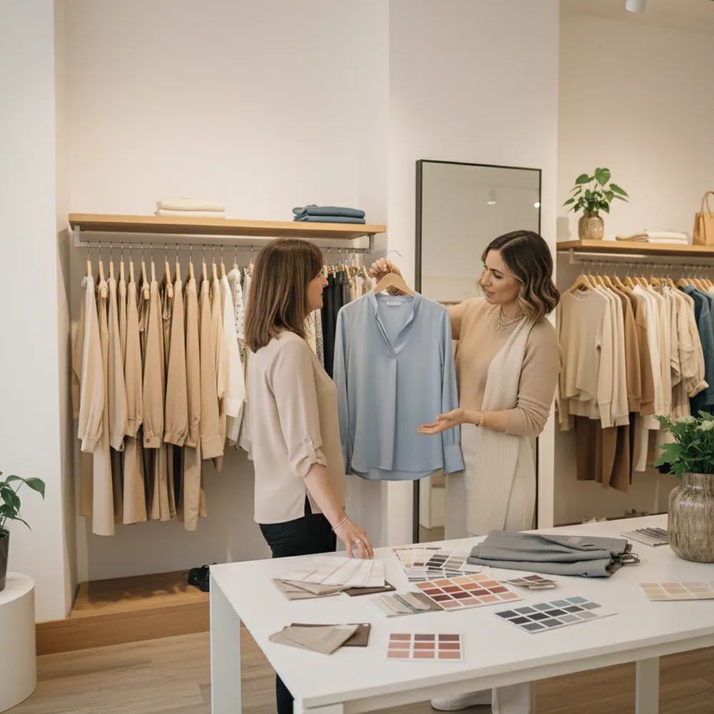 Symbolbild, mit KI erzeugt: Zwei Frauen prüfen im Geschäft Blusen und Blazer an einem Kleiderständer