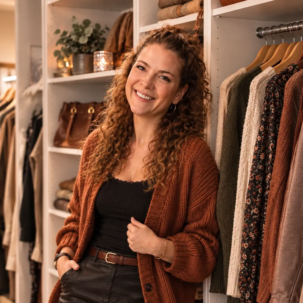Jasmin Funk lacht in rostroter Strickjacke vor ihrem Kleiderschrank