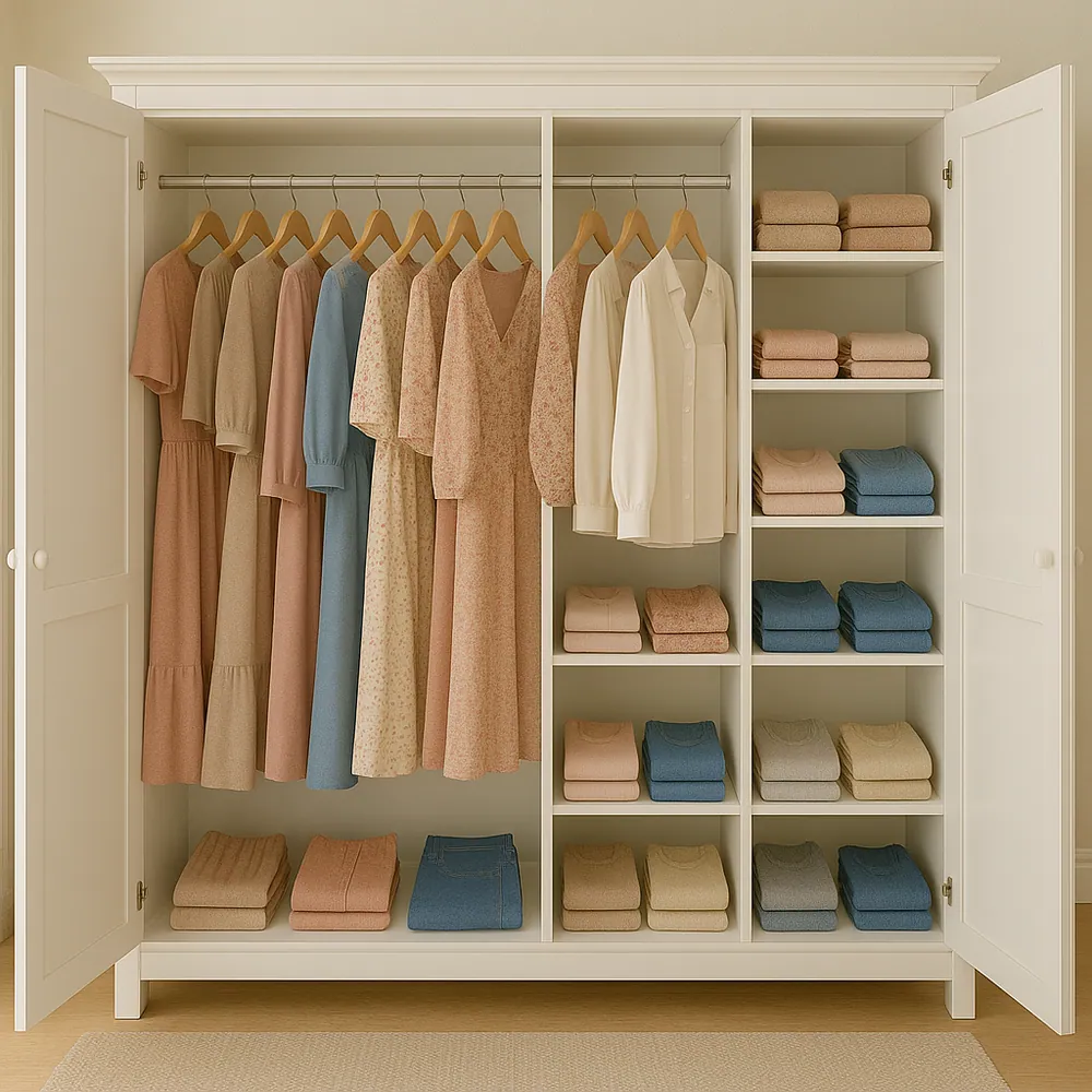 Symbolbild, mit KI erzeugt: Weißer Kleiderschrank mit nach Farben sortierten Kleidern und gefalteten Pullovern